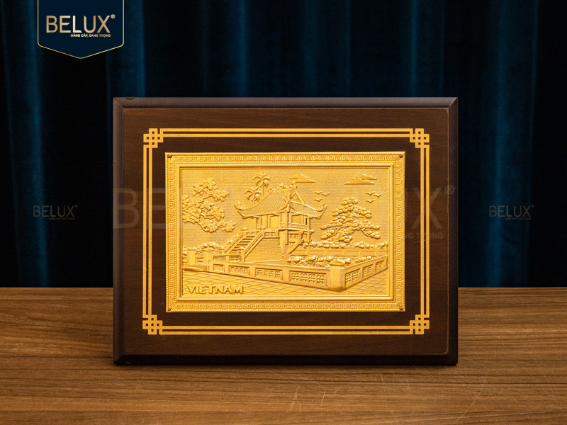 Tranh Chùa Một Cột bằng đồng mạ vàng 24k 22x17cm